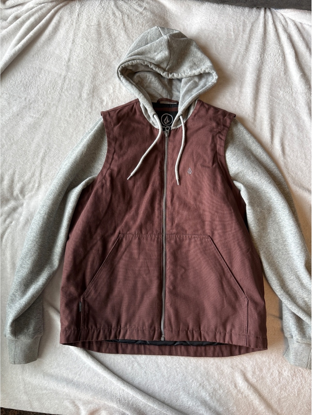Volcom Mens S Burgundy Gray Hooded Canvas Jacket